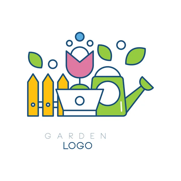 Modern garden logo template with little fence, flower in pot and watering can. Simple hobby icon. Linear vector emblem with yellow, pink and green fill — Stock Vector