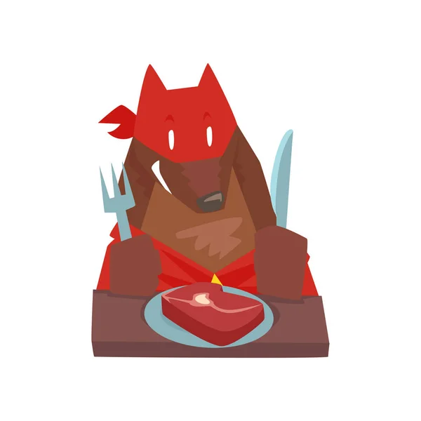 Υπερήρωα χαρακτήρα σκύλος τρώει τα τρόφιμα με πιρούνι και μαχαίρι, ντυμένοι σούπερ σκύλος με κόκκινη κάπα και μάσκα διάνυσμα καρτούν εικονογράφηση — Διανυσματικό Αρχείο