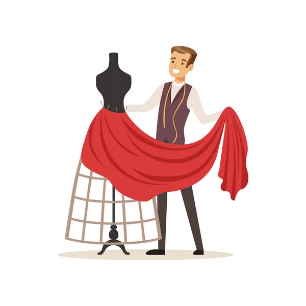 Robe rouge couture homme couturière sur mannequin couturière, créateur de vêtements ou tailleur travaillant à l'atelier vectoriel Illustration — Image vectorielle