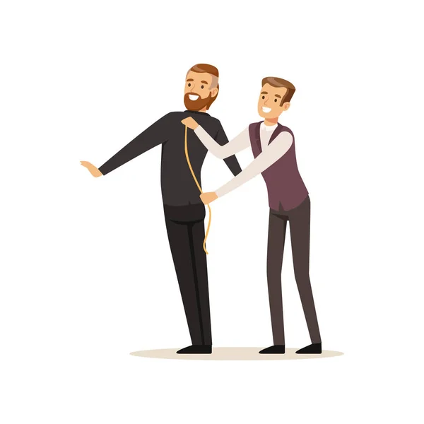 Male dressmaker taking measurements from young man, tailor couture working at atelier vector Illustration — Stock Vector