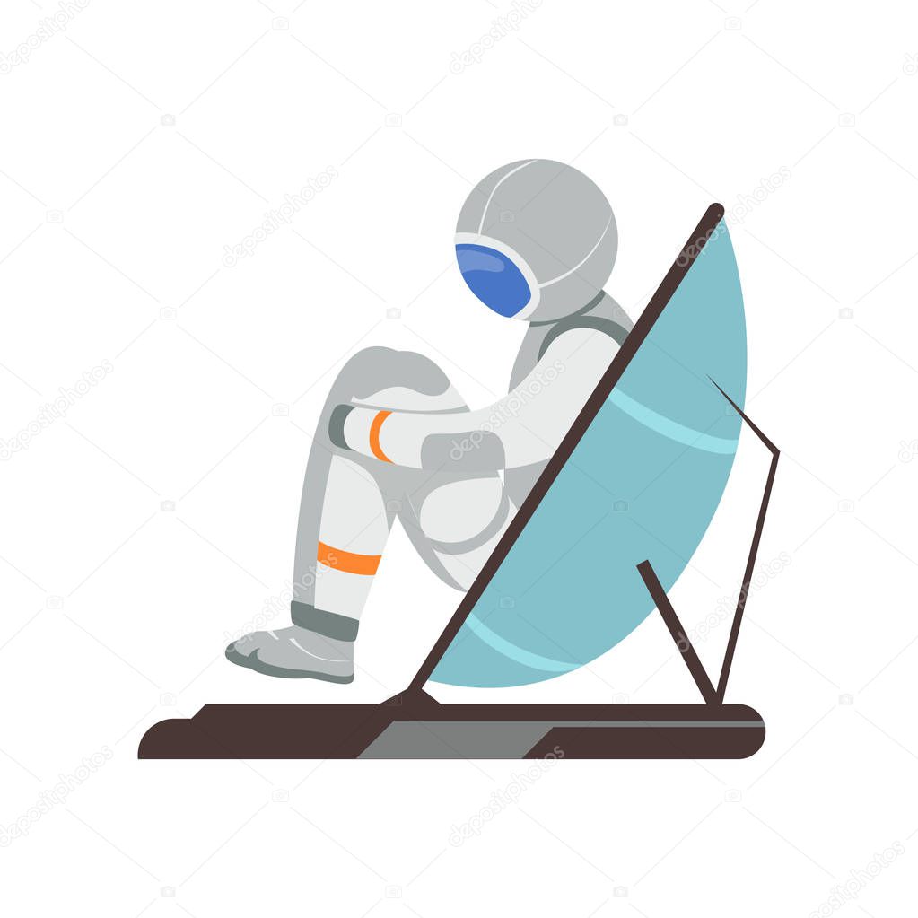 Man training vestibular apparatus on simulator machine. Astronaut preparing for space flight. Cartoon cosmonaut character in spacesuit. Flat vector design