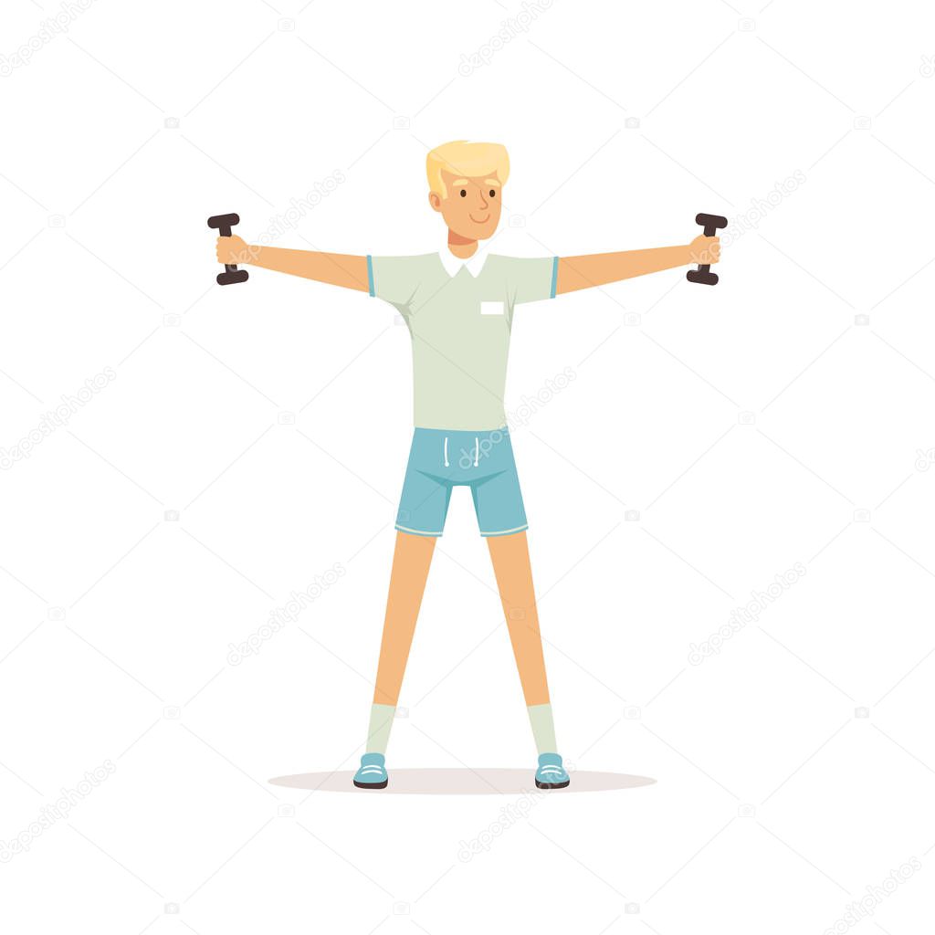Young cosmonaut doing physical exercise. Cartoon man character standing with feet hip-distance apart and raising arms with dumbbells. Guy in shortswear. Flat vector
