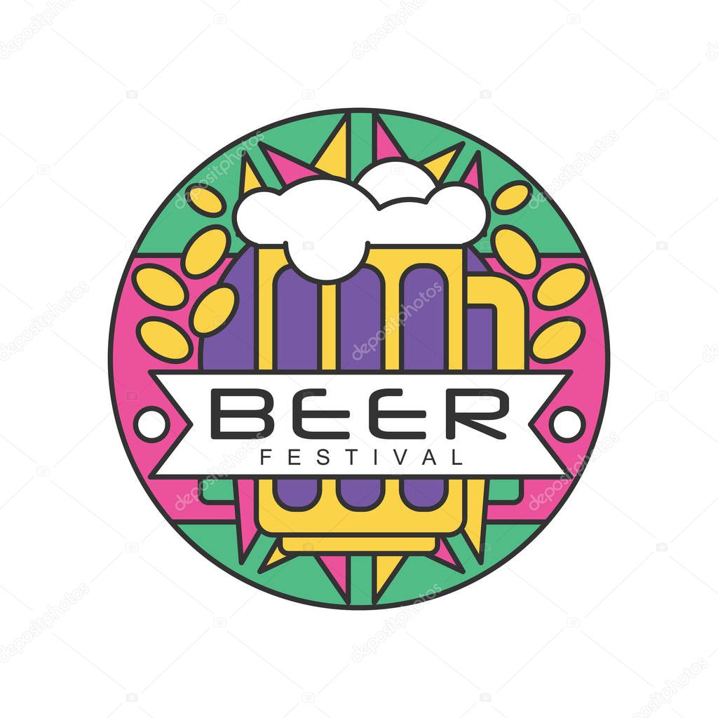 Colorful round emblem for beer festival. Abstract line art with yellow grains, glass mug with alcoholic drink and foam. Creative design for advertising flyer or poster. Isolated vector illustration.