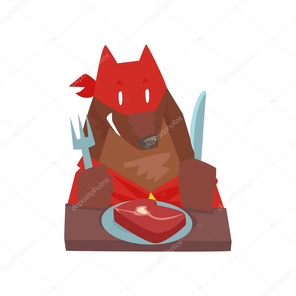 Superhero dog character eating food with fork and knife, super dog dressed in red cape and mask cartoon vector Illustration
