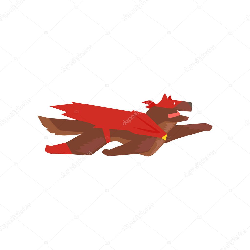 Superhero dog character flying, super dog dressed in red cape and mask cartoon vector Illustration