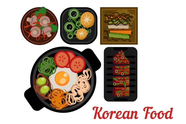 国立韓国料理。美味しいアジア料理のプレート。ピビンバ野菜、pigodi、ポークのグリル、伝統的なおかず。レストランのメニューの平面ベクトル — ストックベクタ
