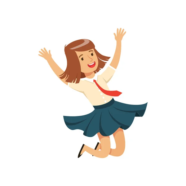 Sorrindo personagem menina feliz no uniforme da escola vetor de salto Ilustração — Vetor de Stock