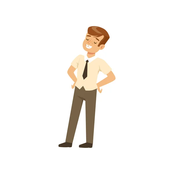 Personnage garçon souriant en uniforme scolaire debout avec les mains sur le vecteur de la hanche Illustration — Image vectorielle
