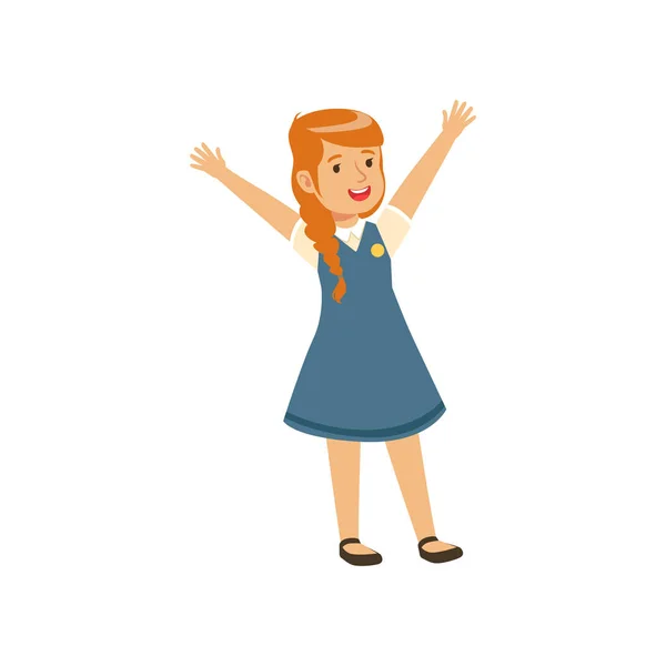 Sonriente chica personaje en uniforme de la escuela de pie con las manos en aumento vector Ilustración — Vector de stock