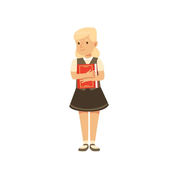 Personnage souriant fille en uniforme scolaire debout avec vecteur de livre Illustration — Image vectorielle