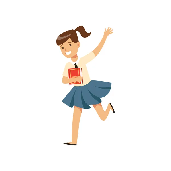 Chica sonriente personaje en uniforme escolar corriendo con libro vector Ilustración — Vector de stock
