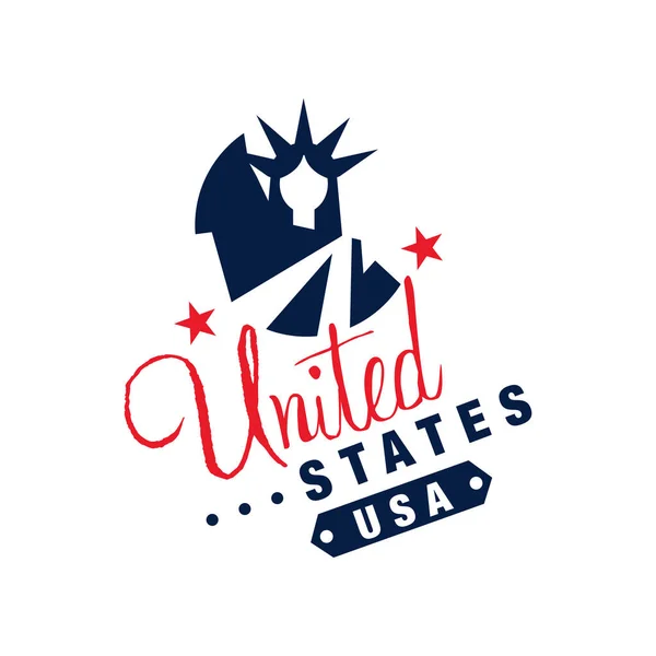 Modèle de logo original avec symbole monochrome des États-Unis. Statue abstraite de la Liberté et des étoiles. Illustration vectorielle plate colorée isolée sur blanc . — Image vectorielle