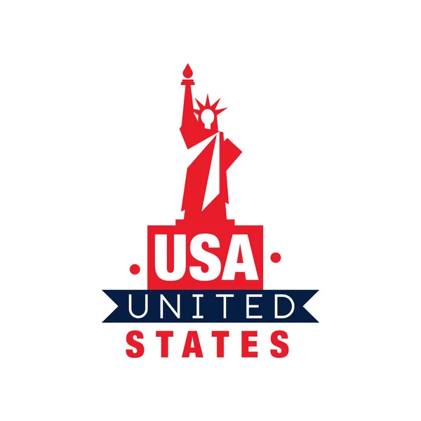 Emblema monocromo con silueta de la Estatua de la Libertad. Estados Unidos de América. Símbolo nacional en color rojo-azul. Diseño de vectores planos para logo, tarjeta o póster — Archivo Imágenes Vectoriales