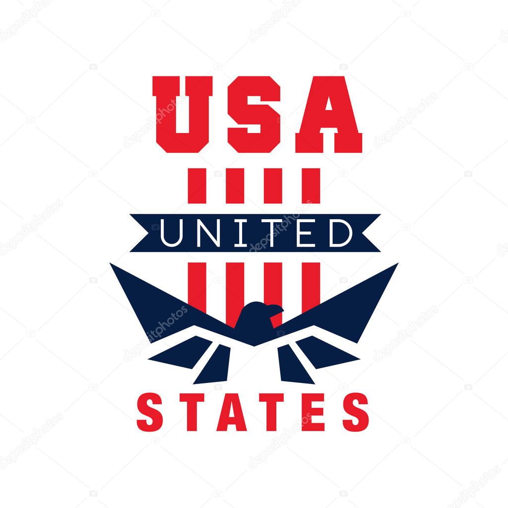 American logo template with eagle silhouette. USA. Independence day. National icon in red and blue colors. Original design for print, sticker or poster. Flat vector illustration isolated on white.