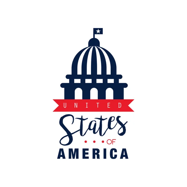 Logo design avec ruban rouge et silhouette de la Maison Blanche. Symbole national des États-Unis dans un style monochrome. États-Unis d'Amérique. Vecteur plat pour carte postale ou bannière — Image vectorielle