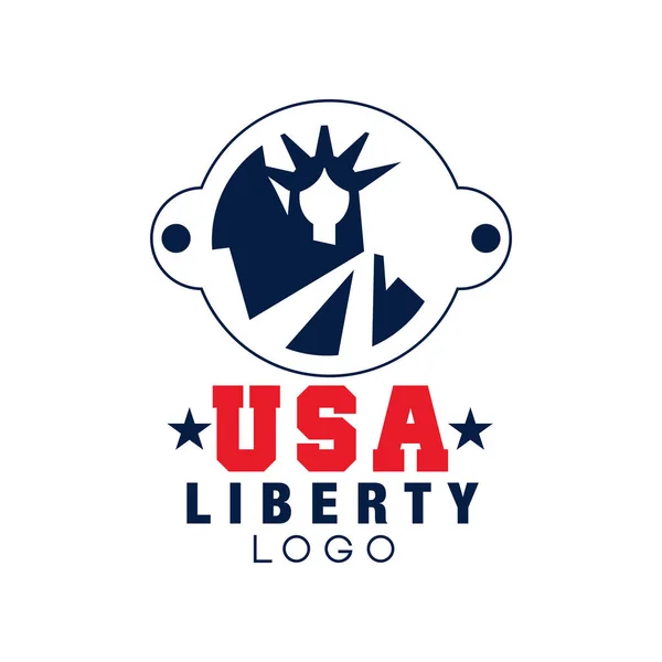 Logotipo tipográfico para USA con silueta Estatua de la Libertad. Emblema nacional. Icono en estilo monocromo. Diseño vectorial plano para póster, tarjeta de invitación o folleto — Archivo Imágenes Vectoriales