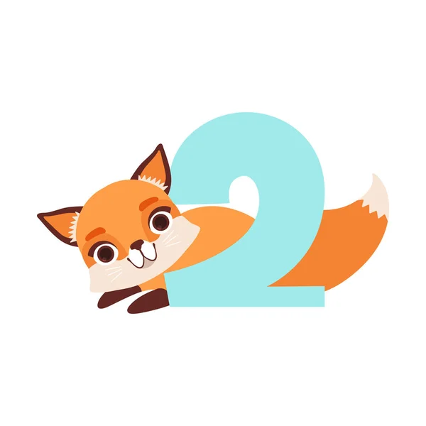 Grappige schattig fox dier en nummer twee, verjaardag verjaardag, leren tellen concept cartoon vector illustratie — Stockvector