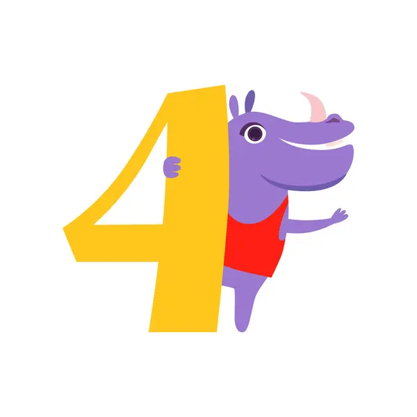 Divertido lindo animal hipopótamo y número cuatro, aniversario de cumpleaños, aprender a contar concepto de dibujos animados vector Ilustración — Archivo Imágenes Vectoriales