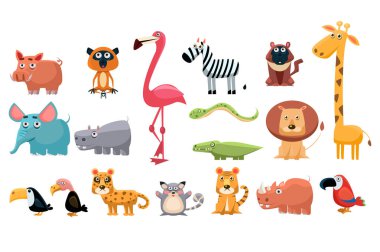 Komik Hayvanlar Karikatür koleksiyonu. Çocuk s kitabı, eğitim kartı, mobil oyun veya etiket için renkli öğeleri. Yaban hayatı kavramı. Düz vektör tasarımı