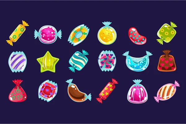 Colección de varios caramelos de colores en envoltura brillante. Diseño vectorial plano para ordenador o juego móvil. Elementos dulces de dibujos animados para interfaz de juego — Vector de stock