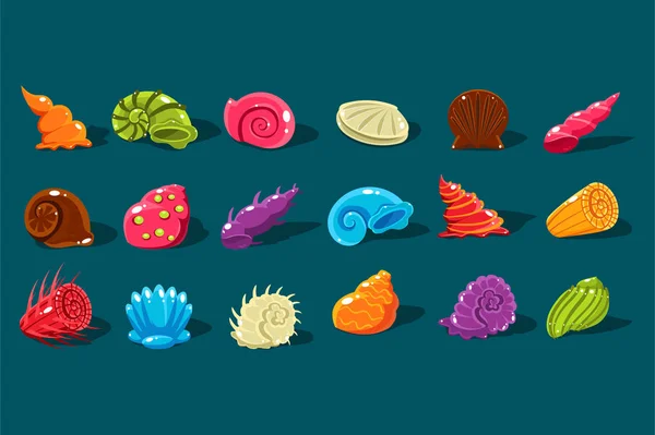 さまざまな形や種類の光沢のある貝殻を持つ設定の漫画。カラフルな水族館の装飾オブジェクト。コンピューターまたはモバイル ゲームのインターフェイスのフラット ベクター デザイン要素 — ストックベクタ