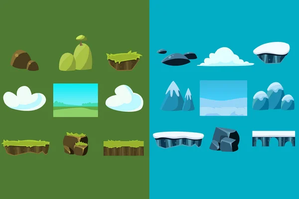 Set of nature materials for mobile arcade game. Blocks with snow and grass, clouds, stones, bridge, mountains, hill with tree. Flat vector design for gaming interface — Stock Vector