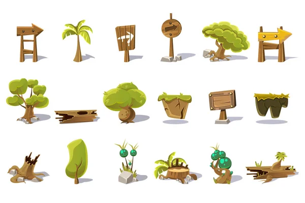 Cartoon set of flat vector nature elements for mobile or computer game. Palm, green trees, stump, old woods, pointers with arrows, plot of land, plants, stones. Gaming interface — Stock Vector