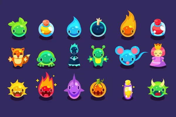 Ativos vetoriais planos para jogo móvel com criaturas e objetos engraçados. Aliens, peixe, rato, raposa, sapo, princesa, bomba, poção, abóbora, bolas com olhos, bocas, chifres, fogo, água, picos —  Vetores de Stock