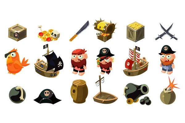 Карикатурные пиратские иконы. Мобильные игровые активы. Капитан, попугай, парусник, сундук с сокровищами, золото, череп, скрещенные кинжалы, шпионские очки, меч, шляпа, бомба. Плоский векторный дизайн — стоковый вектор