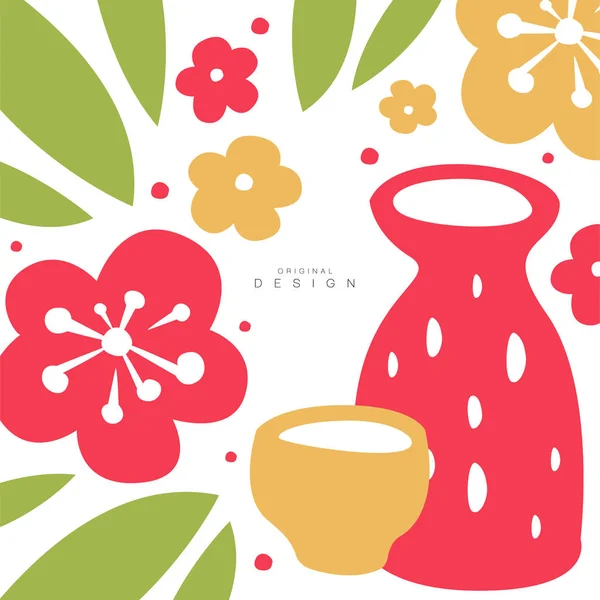 Orientaliska blommor, blad, tillbringare, kopp, kort med traditionella asiatiska mönster, ursprungliga design, dekorativa element färgglada vektorillustration — Stock vektor