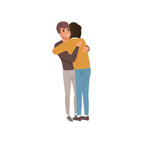 İki birlikte ayakta ve sarılma genç adam, yakın arkadaş kucaklayan ve gülümseyen illüstrasyon vektör — Stok Vektör