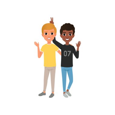 Eğlence, mutlu çocuk dostu sarılma sahip iki arkadaş illüstrasyon vektör