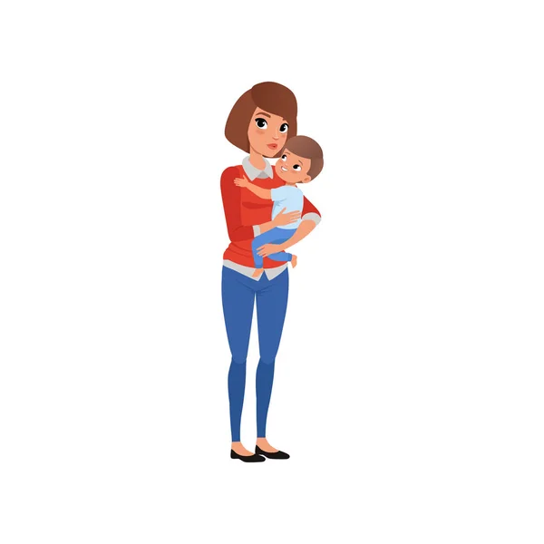 Mother holding her child on hands and embracing, happy mom and her son vector Illustration — Stock Vector