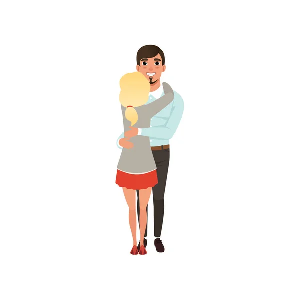 Jovem abraçando sua mulher loira, abraços de um casal amoroso vetor Ilustração — Vetor de Stock