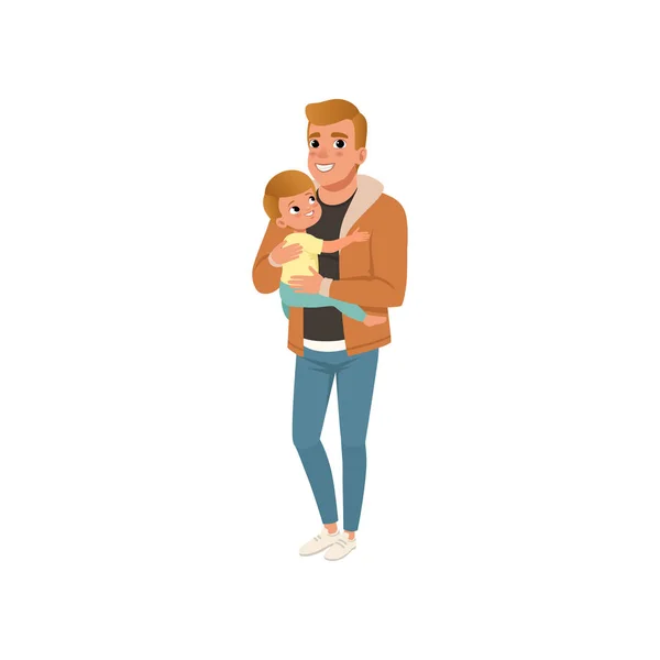 Pai segurando seu filho a mãos e abraçando, pai feliz e sua filha ilustração vetor —  Vetores de Stock