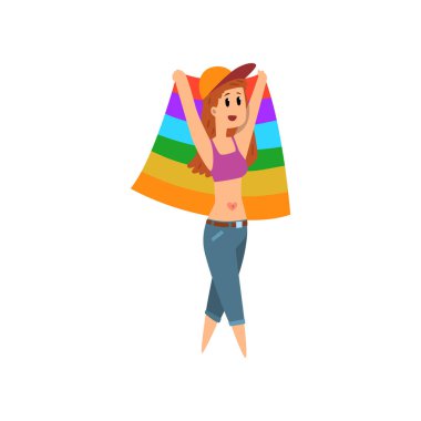 Gökkuşağı lgbt bayrağı Eşcinsel gurur karikatür vektör illüstrasyon kutlama tutan iş kadın
