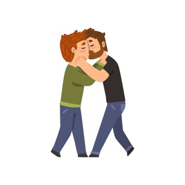 Kucaklamak ve öpmek homoseksüel erkekler çift, lgbt erkeklerde karikatür vektör çizim seviyorum.