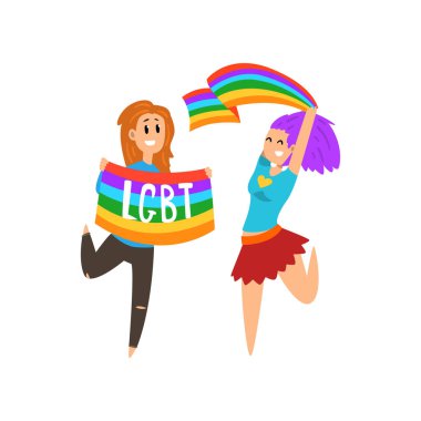 Mutlu lezbiyen kadın Eşcinsel gurur kavramı karikatür vektör illüstrasyon kutlama sevinçle sallayarak gökkuşağı lgbt bayrakları atlama