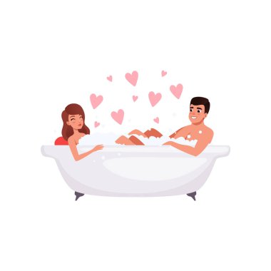 Genç erkek ve kadın karakter bir bathrub alarak kabarcıklanma banyoda aşk karikatür mutlu Romantik Çift illüstrasyon vektör