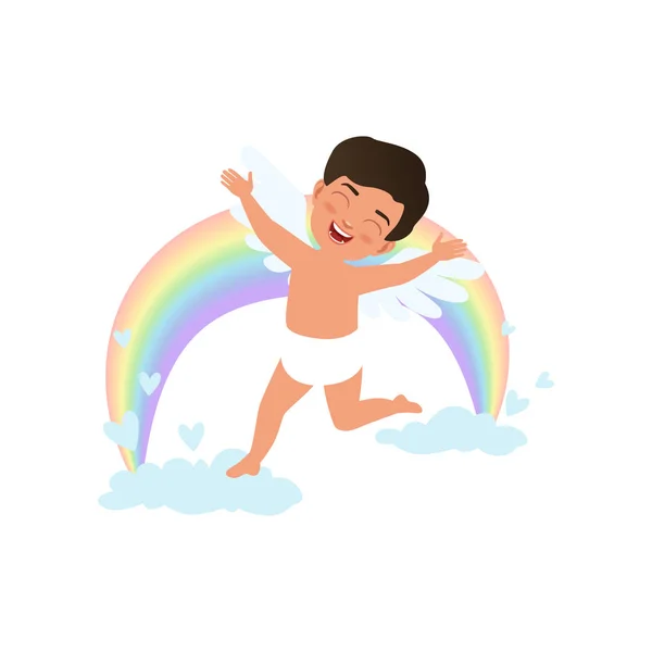 Bonito bebê feliz personagem Cupido pulando em nuvens com arco-íris, Feliz Dia dos Namorados conceito vetor Ilustração — Vetor de Stock