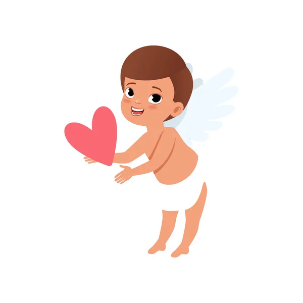 Bebê personagem Cupido segurando coração rosa, Feliz Dia dos Namorados conceito vetor Ilustração — Vetor de Stock