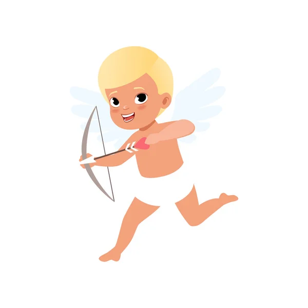 Cute blonde baby Cupid character shooting a bow, Happy Valentines Day concept vector Illustration — Stock Vector