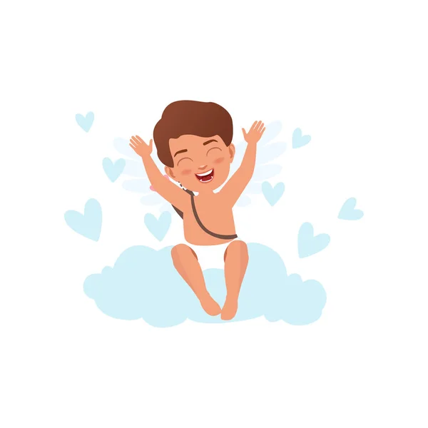 Baby Cupid character sitting on a cloud surrounded by hearts, Happy Valentines Day concept vector Illustration — Stock Vector