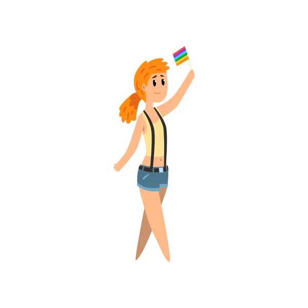 Young woman holding rainbow flag, lgbt pride concept cartoon vector Illustration — Stock Vector