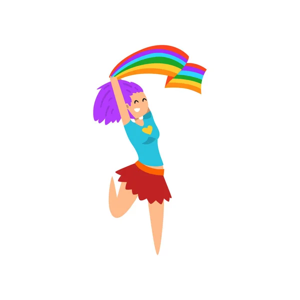快乐的女子跳跃欢快地挥舞着彩虹同志旗庆祝同性恋自豪感概念卡通矢量插画 — 图库矢量图片