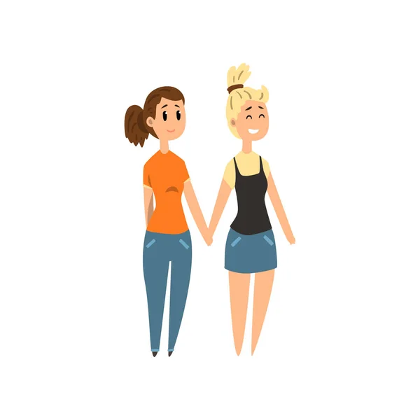 Ilustracja wektorowa para kobiet stojących razem trzymając się za ręce, kobietach LGTB w kreskówka miłość — Wektor stockowy