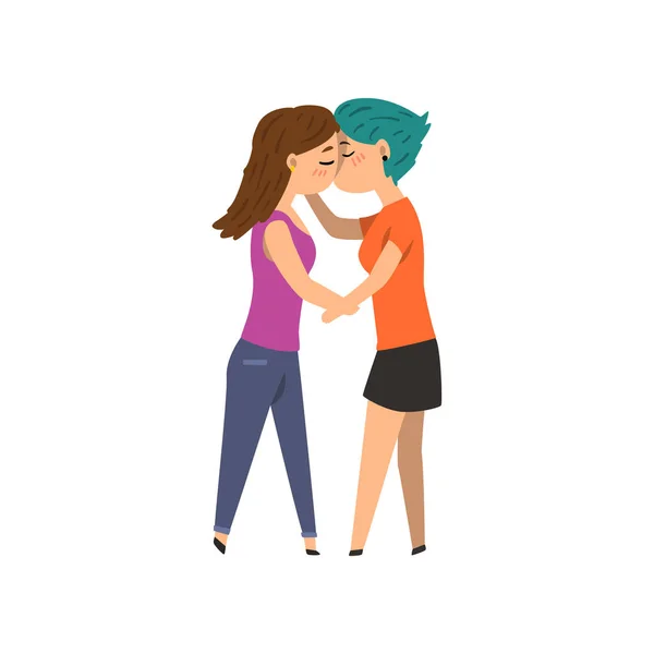 Para gejów kobiet, obejmując i całując, dziewczyny lgbt w miłość kreskówka wektor ilustracja — Wektor stockowy