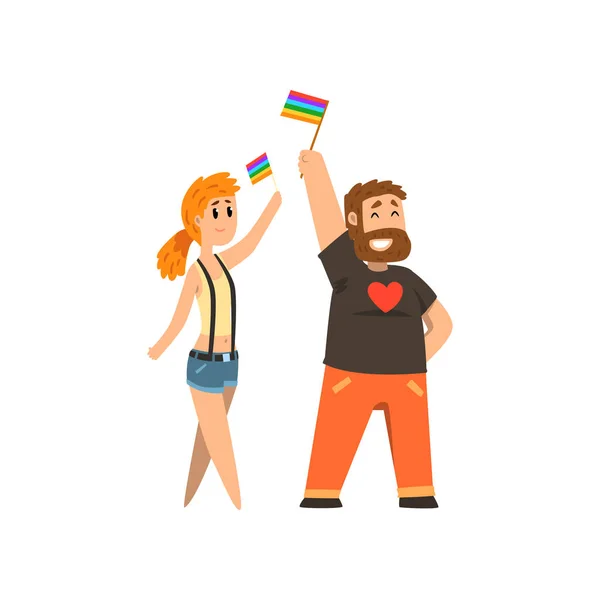 Man and woman with rainbow flags, lgbt community celebrating gay pride cartoon vector Illustration — Stock Vector