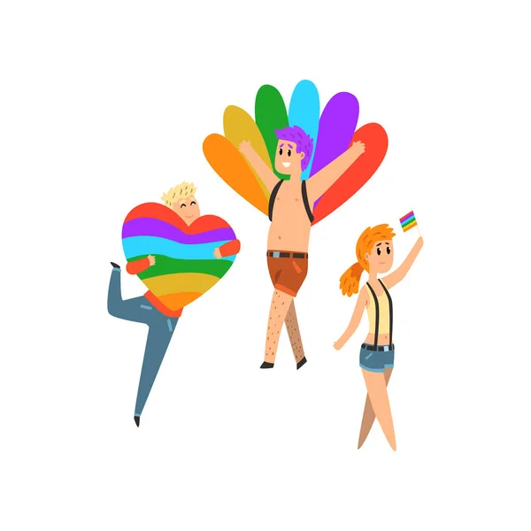 Люди с радужными флагами и символами, сообщество lgbt, празднующее гей-вектор гордости — стоковый вектор