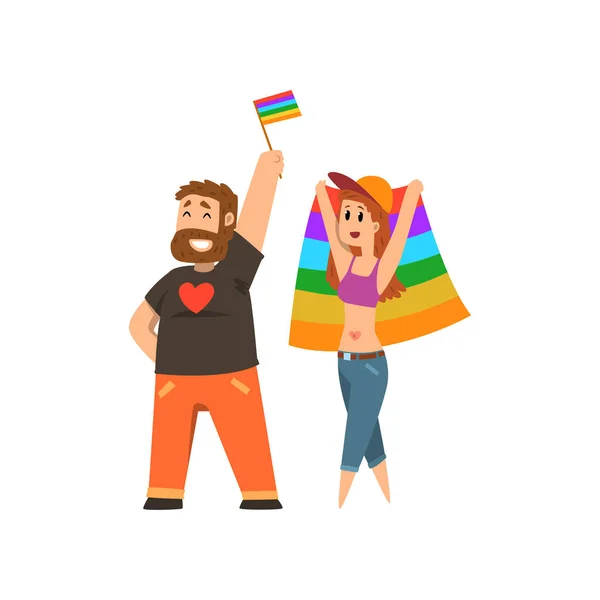 Люди з веселковими прапорами, спільнота lgbt святкування гей гордість мультфільм Векторні ілюстрації — стоковий вектор
